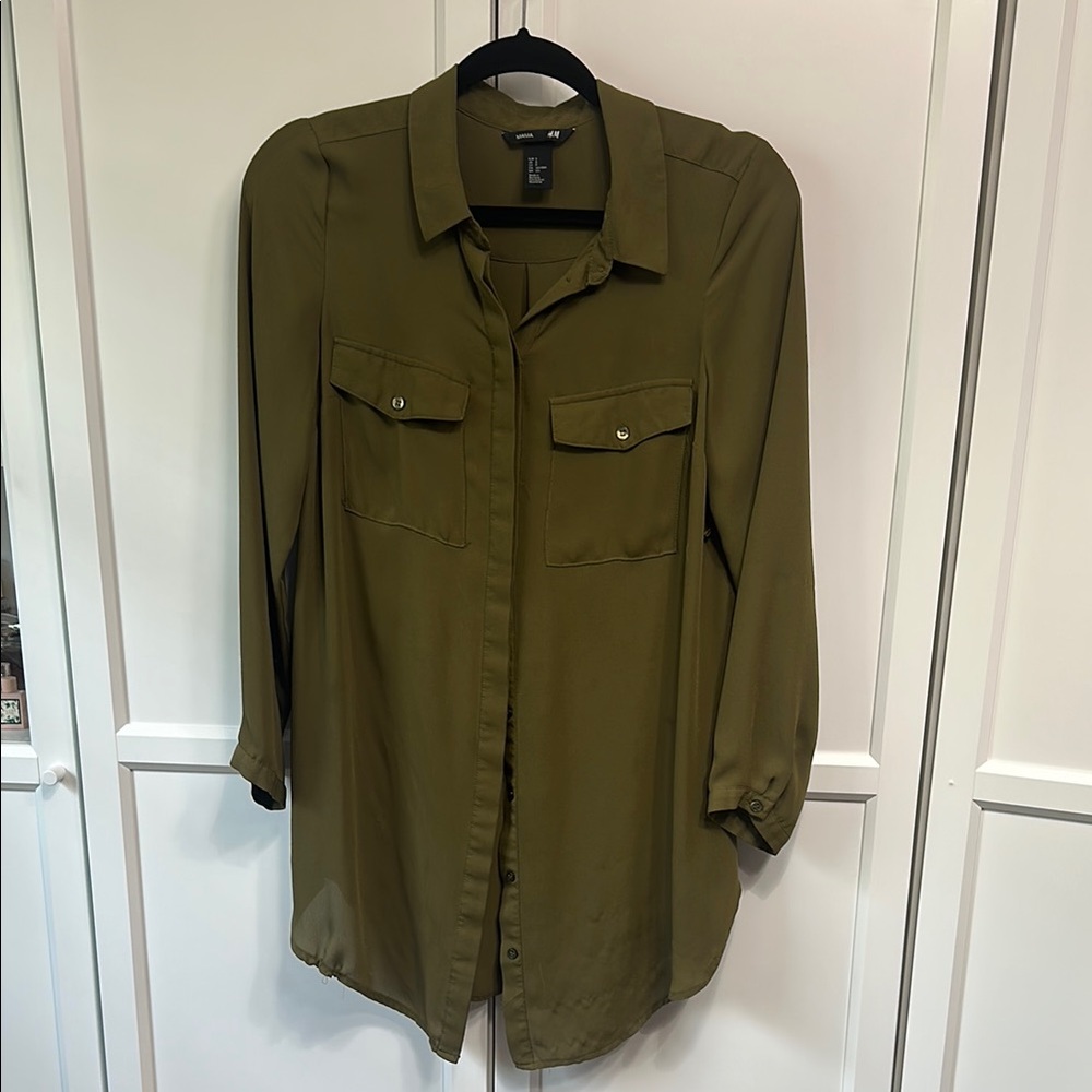 Olive Green Button-Up Blouse - Picture 2 of 4